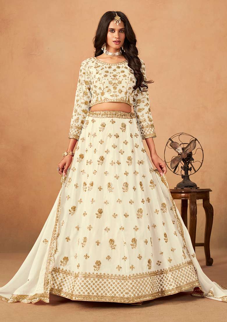 White Organza Lehenga Set with Embroidery for Diwali | Wedding & Festive Wear - Indya