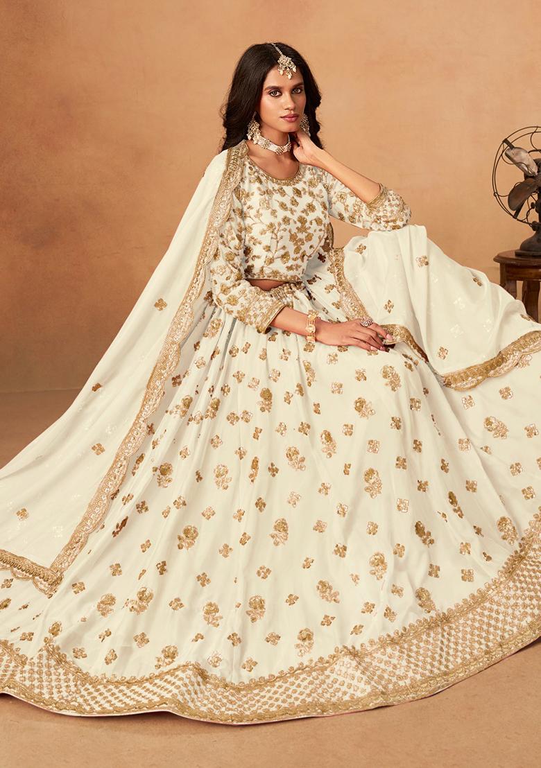 White Embroidery Organza Lehenga Set - Indya