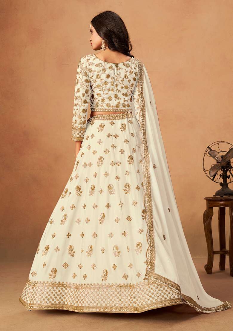White Organza Lehenga Set with Embroidery for Diwali | Wedding & Festive Wear - Indya