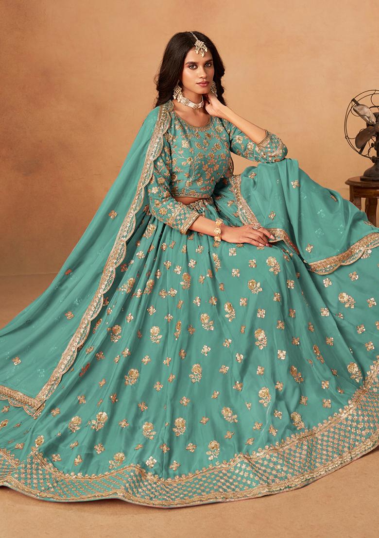 Blue Embroidery Organza Lehenga Set - Indya