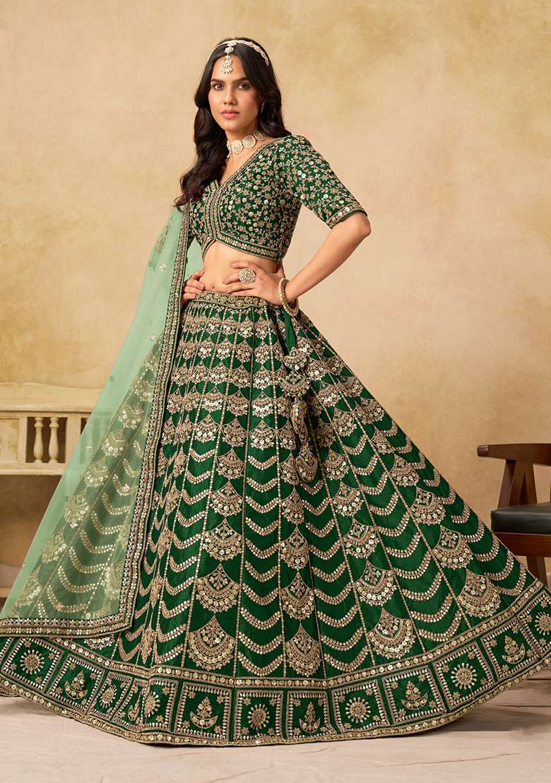 Mehendi Silk Blend Lehenga Set with Embroidery for Diwali | Wedding & Festive Wear - Indya