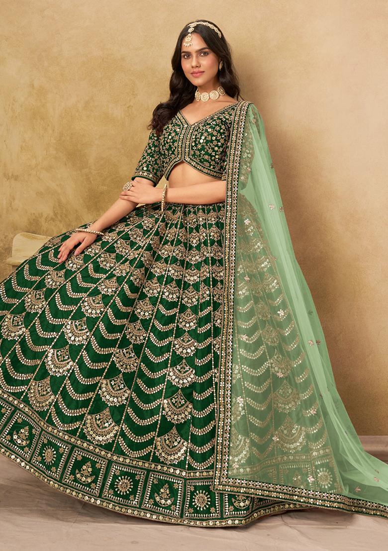 Mehendi Embroidery Silk Lehenga Set - Indya