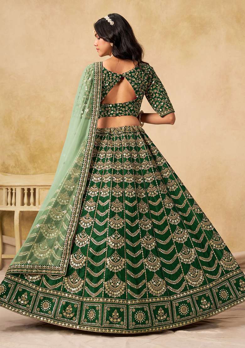 Mehendi Silk Blend Lehenga Set with Embroidery for Diwali | Wedding & Festive Wear - Indya