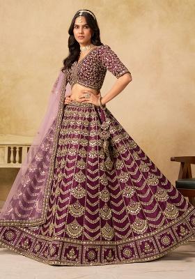 Dark Purple Embroidery Silk Lehenga Set