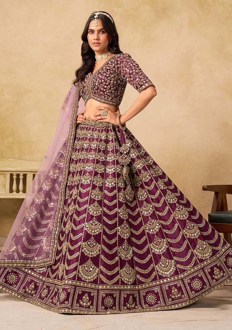 Dark Purple Silk Blend Lehenga Set with Embroidery for Diwali | Wedding & Festive Wear - Indya