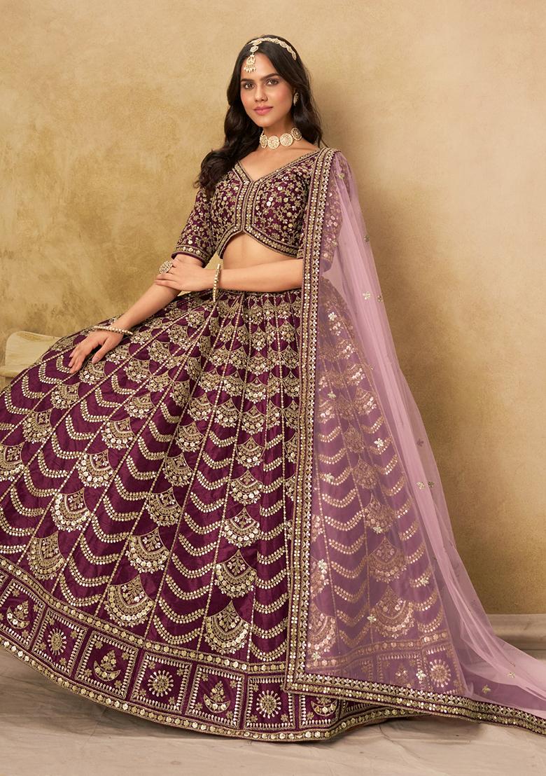 Dark Purple Embroidery Silk Lehenga Set - Indya
