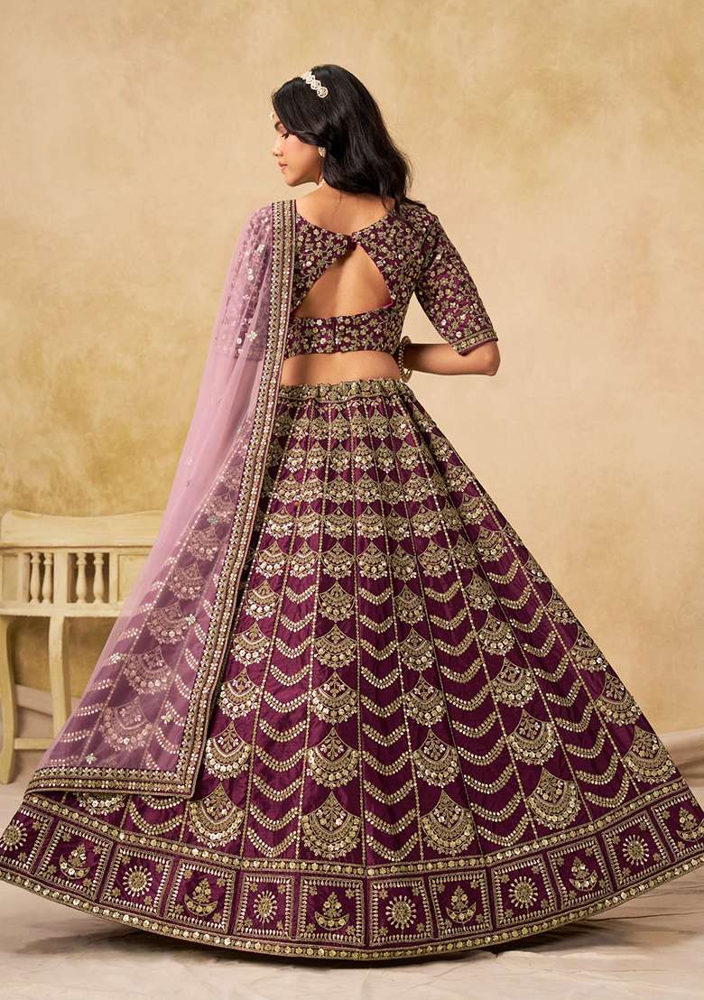 Dark Purple Silk Blend Lehenga Set with Embroidery for Diwali | Wedding & Festive Wear - Indya