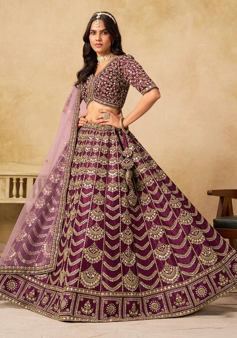 Dark Purple Embroidery Silk Lehenga Set