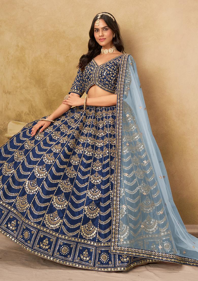 Teal Blue Embroidery Silk Lehenga Set - Indya