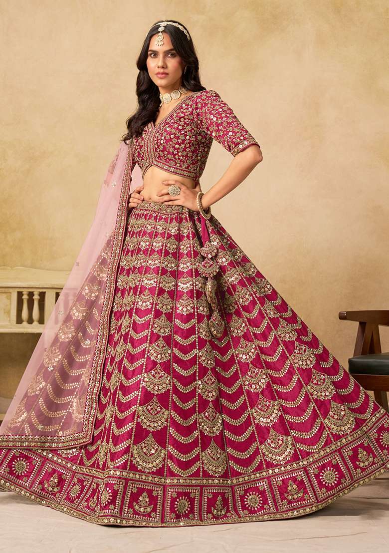 Maroon Silk Blend Lehenga Set with Embroidery for Diwali | Wedding & Festive Wear - Indya