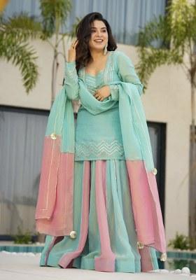 Sky Blue Embroidery Silk Lehenga Set