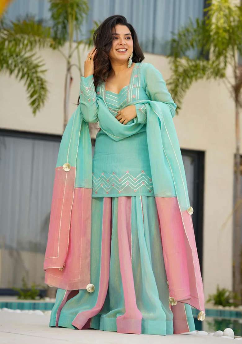 Sky Blue Embroidery Silk Lehenga Set - Indya