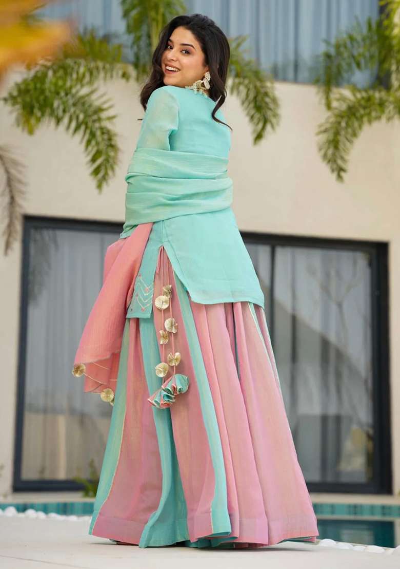 Sky Blue Embroidery Silk Lehenga Set - Indya