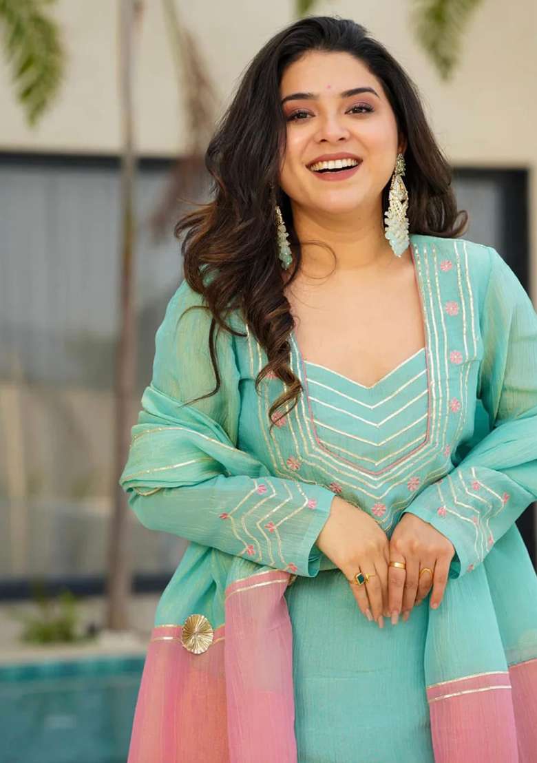 Sky Blue Embroidery Silk Lehenga Set - Indya