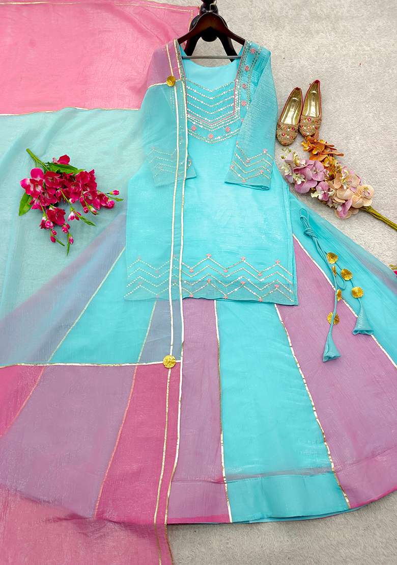 Sky Blue Embroidery Silk Lehenga Set - Indya
