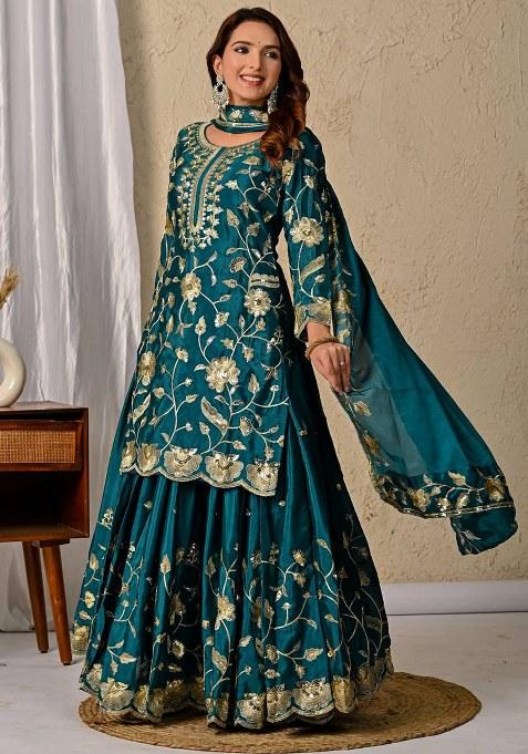 Teal Green Embroidery Chinon Lehenga Set