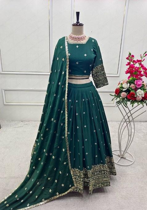 Green Embroidery Chinon Lehenga Set
