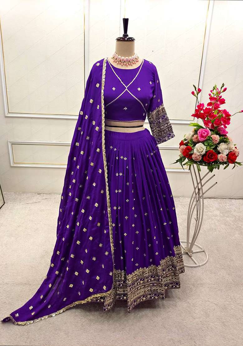 Purple Embroidery Chinon Lehenga Set - Indya