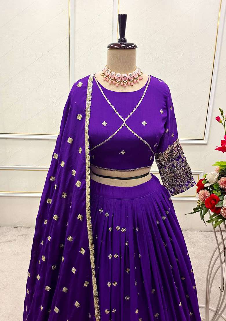 Purple Embroidery Chinon Lehenga Set - Indya
