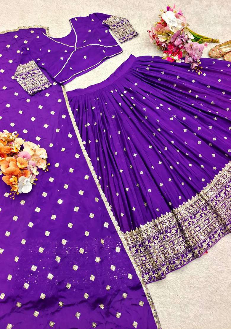 Purple Embroidery Chinon Lehenga Set - Indya