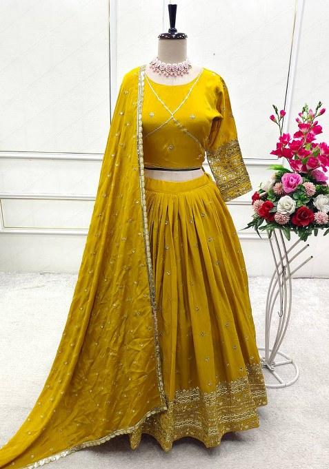 Yellow Embroidery Chinon Lehenga Set