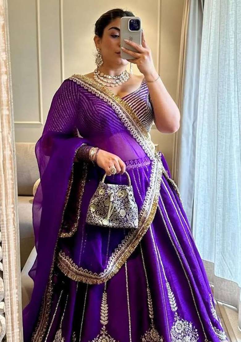 Purple Embroidery Chinon Lehenga Set - Indya