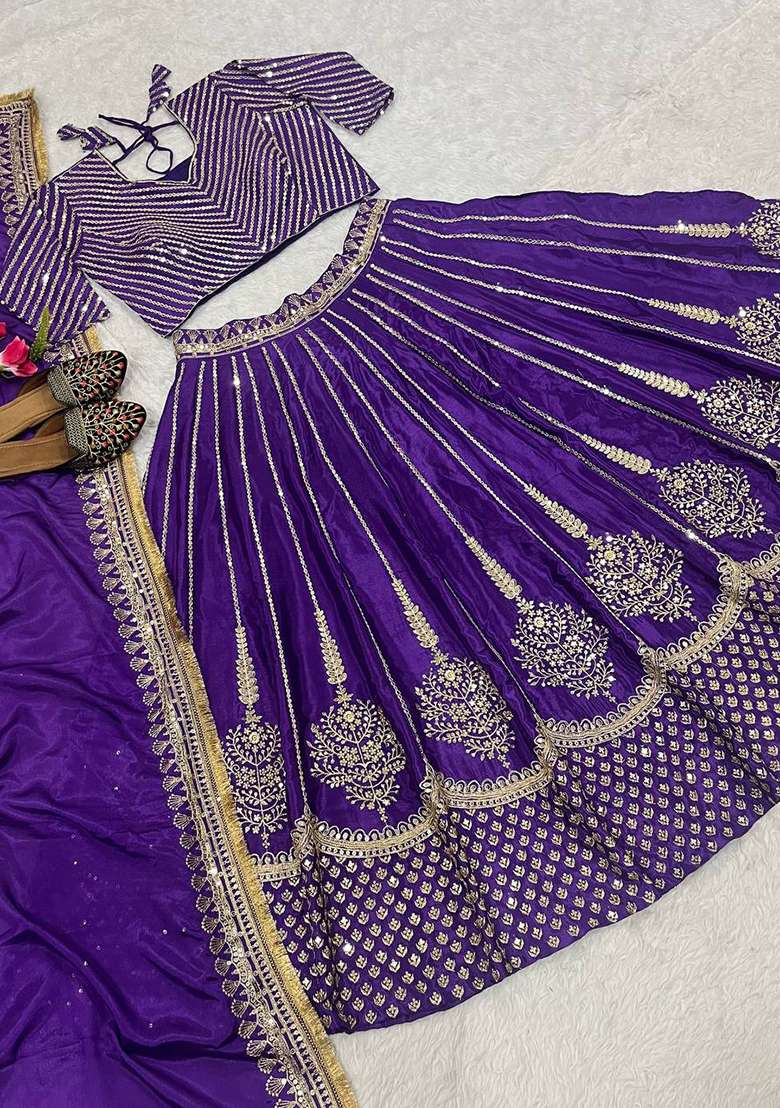 Purple Embroidery Chinon Lehenga Set - Indya