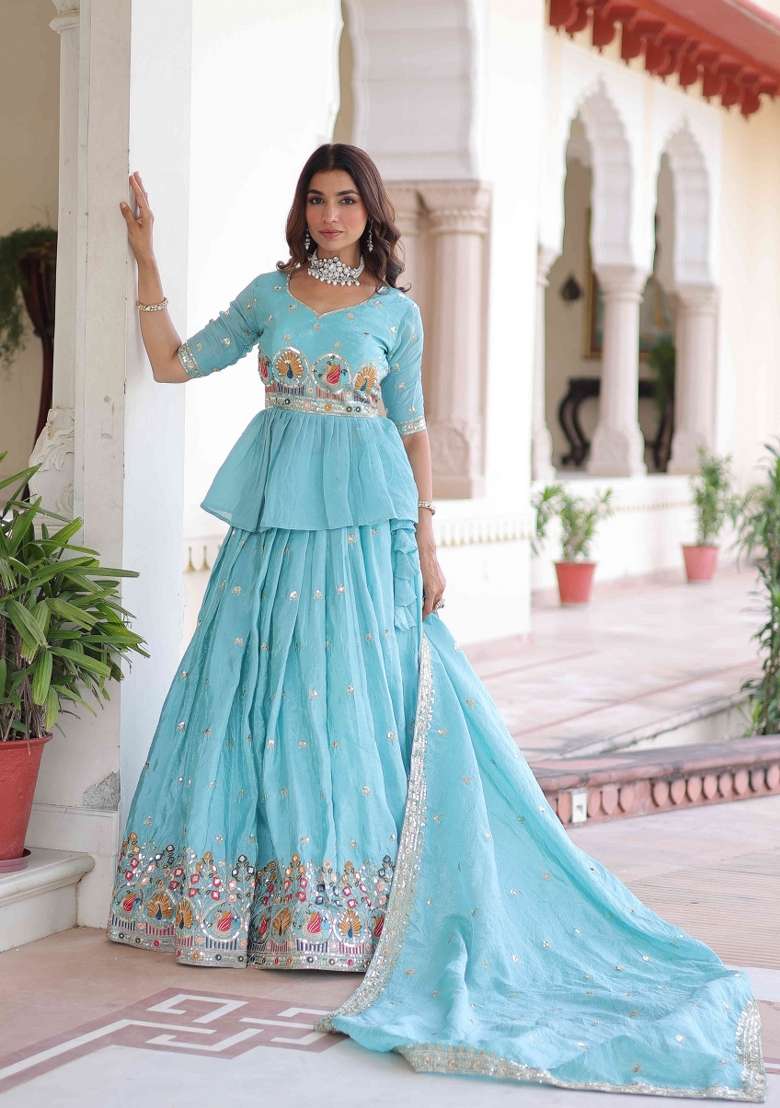 Sky Blue Sequnce Emroidery Work Georgette Lehenga Set - Indya
