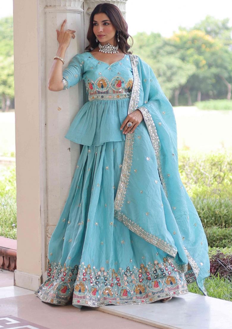Sky Blue Sequnce Emroidery Work Georgette Lehenga Set - Indya