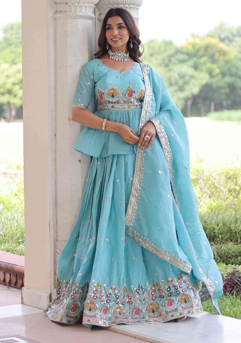 Sky Blue Sequnce Emroidery Work Georgette Lehenga Set - Indya