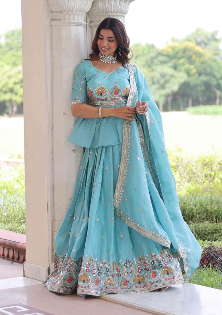 Sky Blue Sequnce Emroidery Work Georgette Lehenga Set - Indya