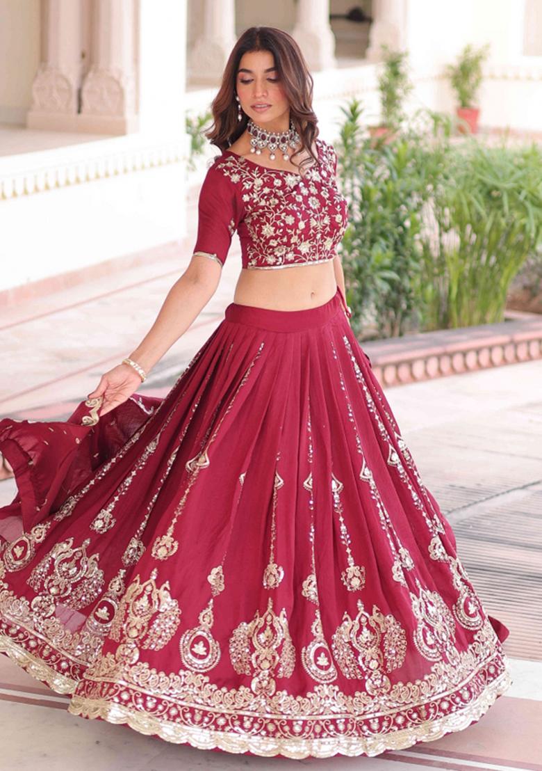 Dark Pink Sequnce Emroidery Work Silk Lehenga Set - Indya