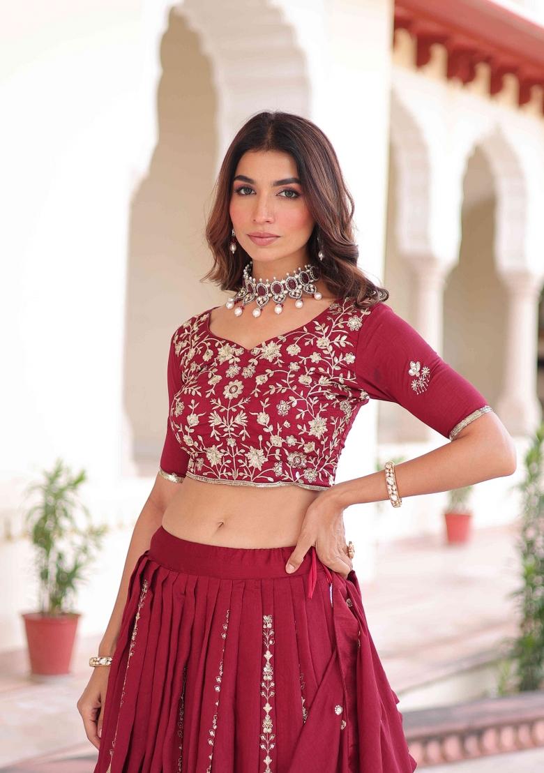 Dark Pink Sequnce Emroidery Work Silk Lehenga Set - Indya