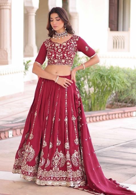 Dark Pink Sequnce Emroidery Work Silk Lehenga Set