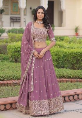 Onion Sequnce Emroidery Work Georgette Lehenga Set