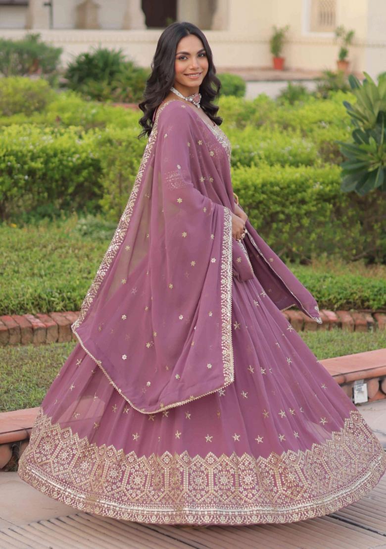 Onion Sequnce Emroidery Work Georgette Lehenga Set - Indya