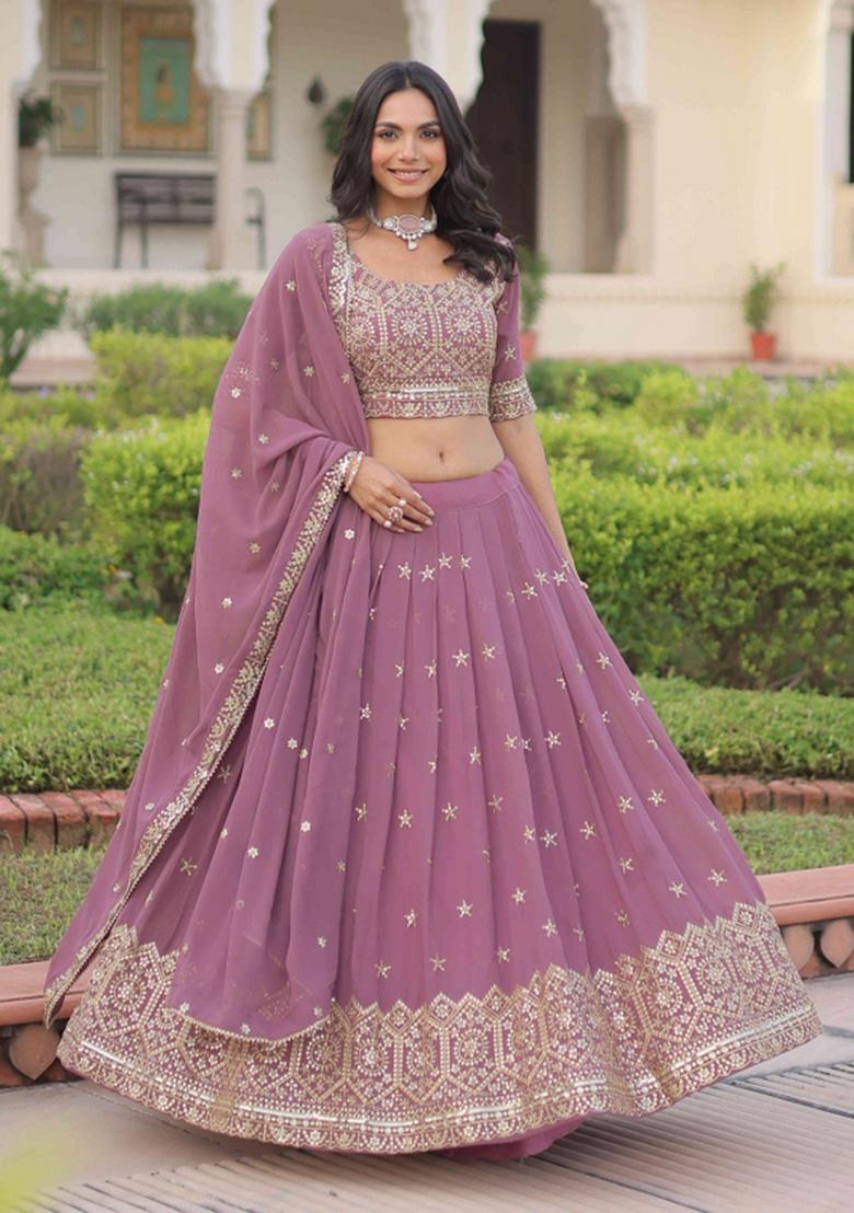 Onion Sequnce Emroidery Work Georgette Lehenga Set - Indya