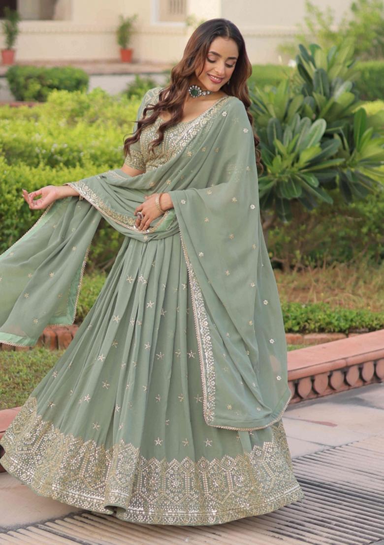 Pista Sequnce Emroidery Work Georgette Lehenga Set - Indya