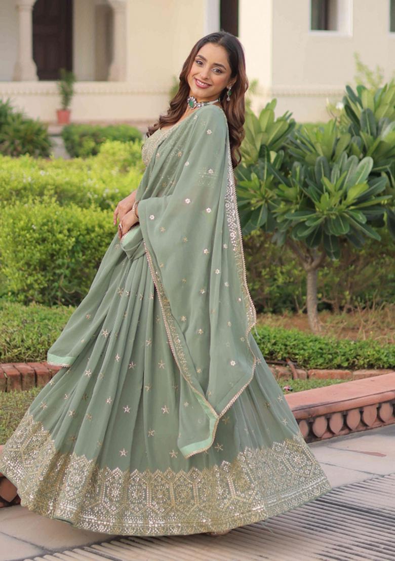 Pista Sequnce Emroidery Work Georgette Lehenga Set - Indya