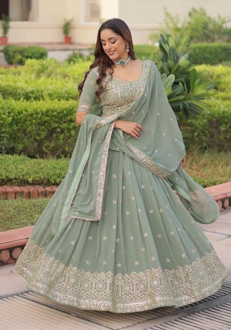 Pista Sequnce Emroidery Work Georgette Lehenga Set