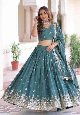 Rama Green Sequnce Emroidery Work Silk Lehenga Set
