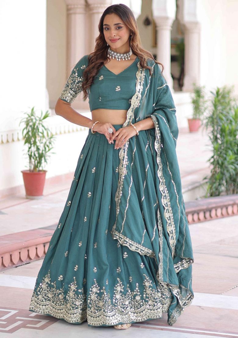 Rama Green Sequnce Emroidery Work Silk Lehenga Set - Indya