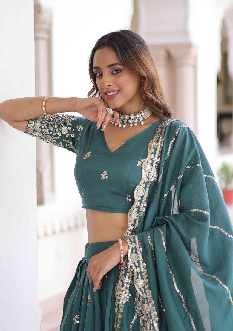 Rama Green Sequnce Emroidery Work Silk Lehenga Set - Indya