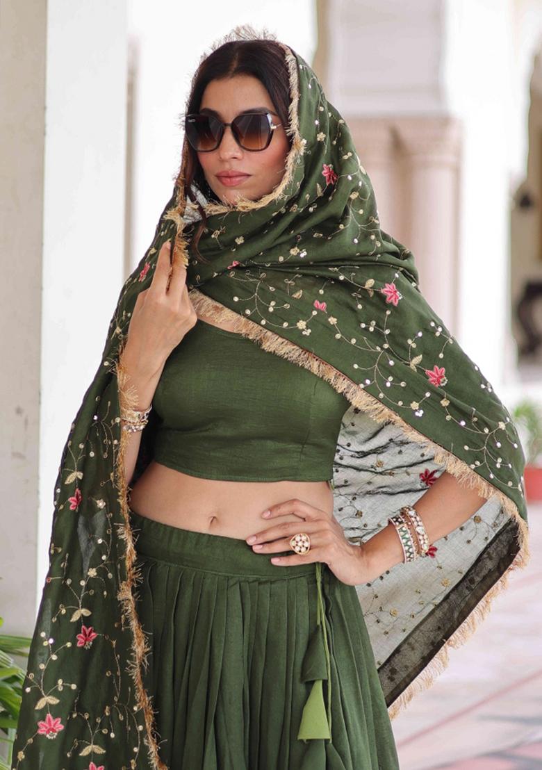 Green Sequnce Emroidery Work Silk Lehenga Set - Indya