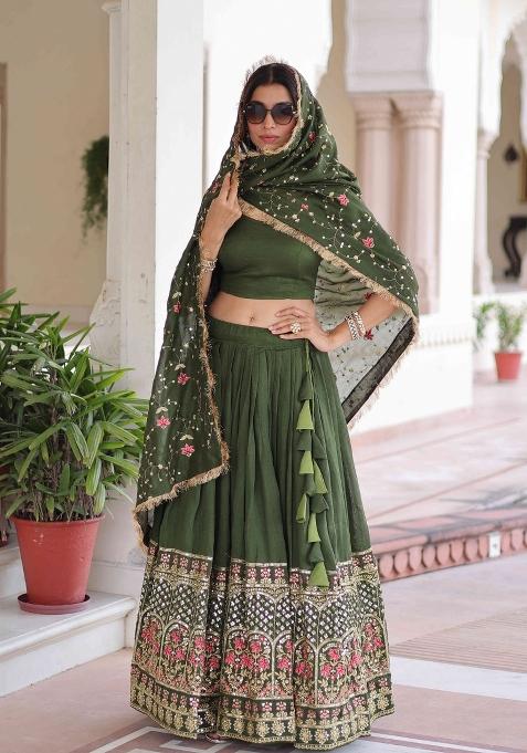 Green Sequnce Emroidery Work Silk Lehenga Set