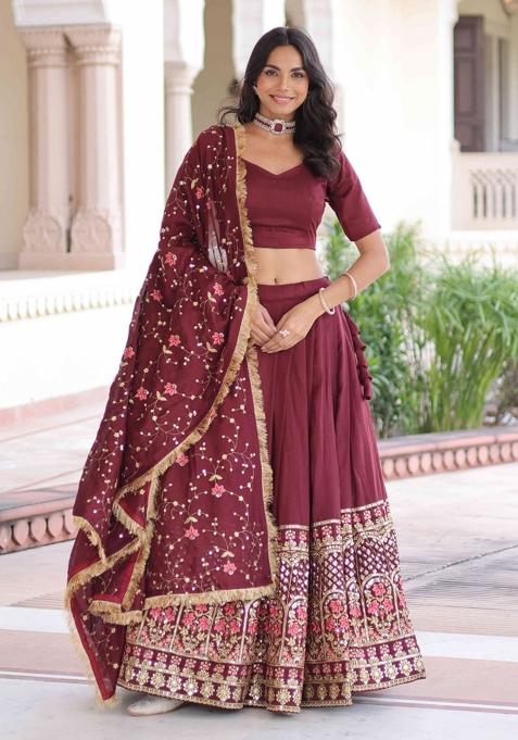 Maroon Sequnce Emroidery Work Silk Lehenga Set