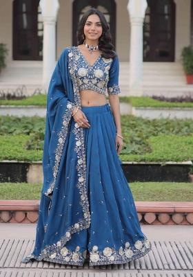 Blue Sequnce Emroidery Work Silk Lehenga Set