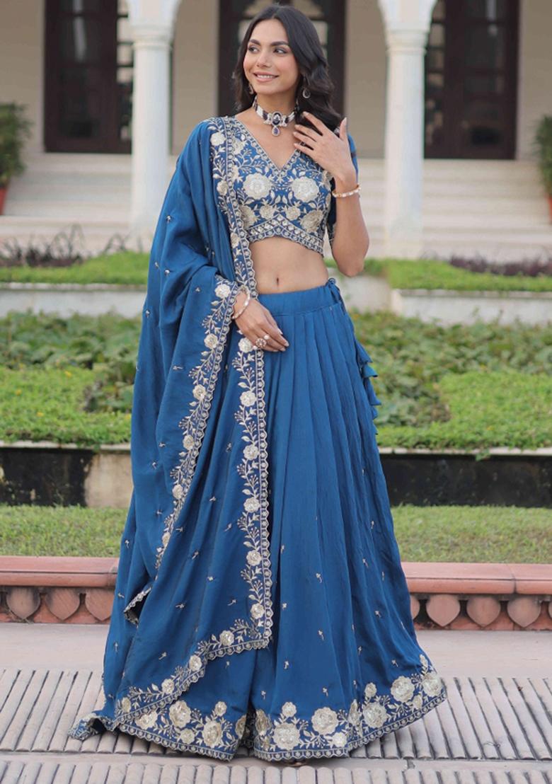 Blue Sequnce Emroidery Work Silk Lehenga Set - Indya