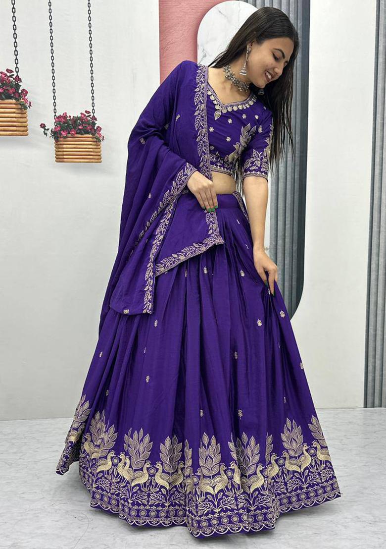 Royal Blue Embroidery Chinon Lehenga Choli - Indya
