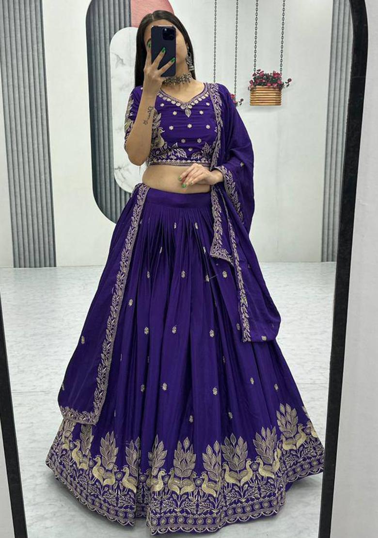 Royal Blue Embroidery Chinon Lehenga Choli - Indya